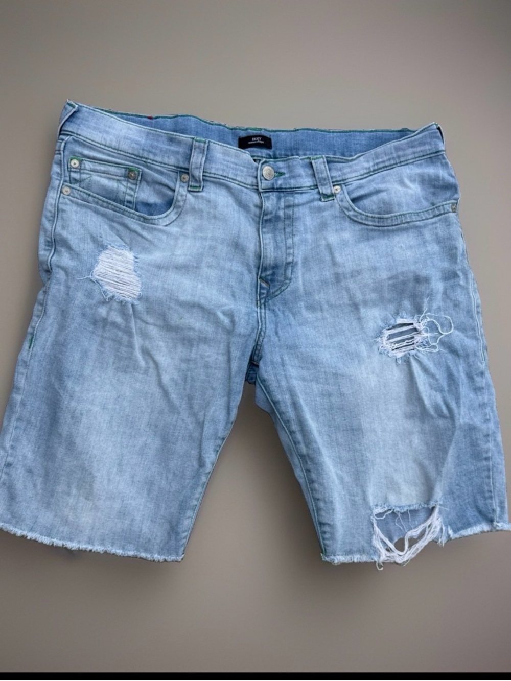 True Religion Ricky Relaxed Straight Light Blue Jeans with Green Stitching